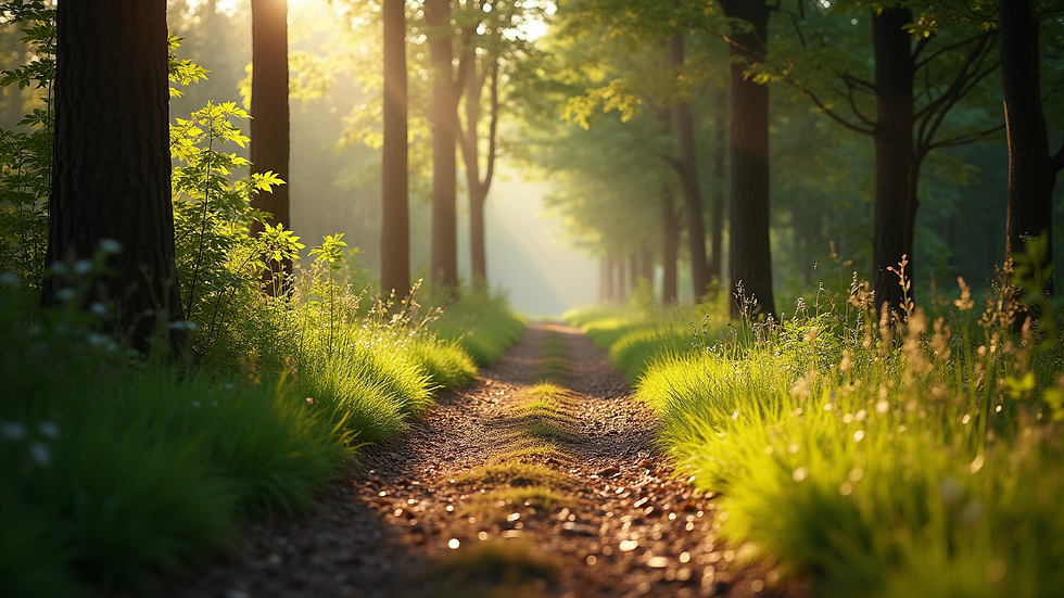 eye-level view of a peaceful forest path with sunlight filtering through the trees