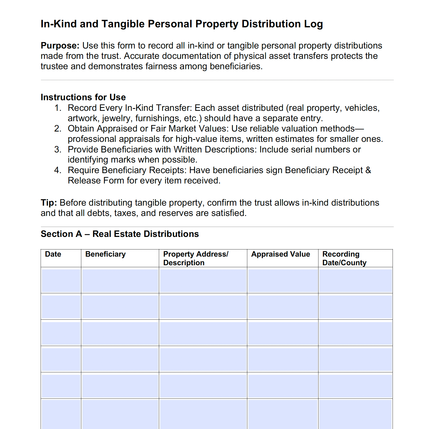In-Kind and Tangible Personal Property Distribution Log