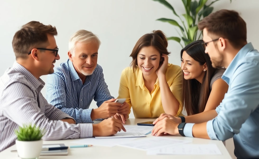 Five people, smiling, in a meeting around a table with papers and a phone; bright room, plant in background, casual attire.