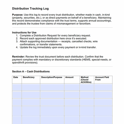 Sample Distribution Log Distribution Tracking Log | The Trustee Handbook