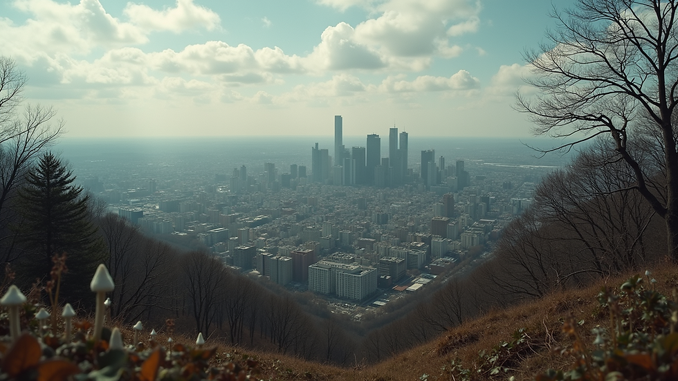 High angle view of a cityscape known for mushroom decriminalization