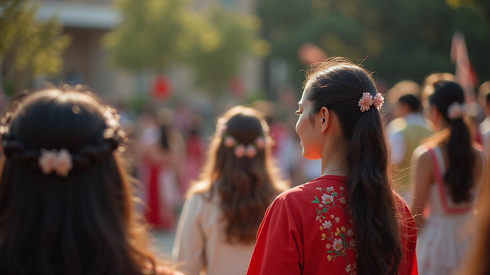 High angle view of students participating in a cultural event