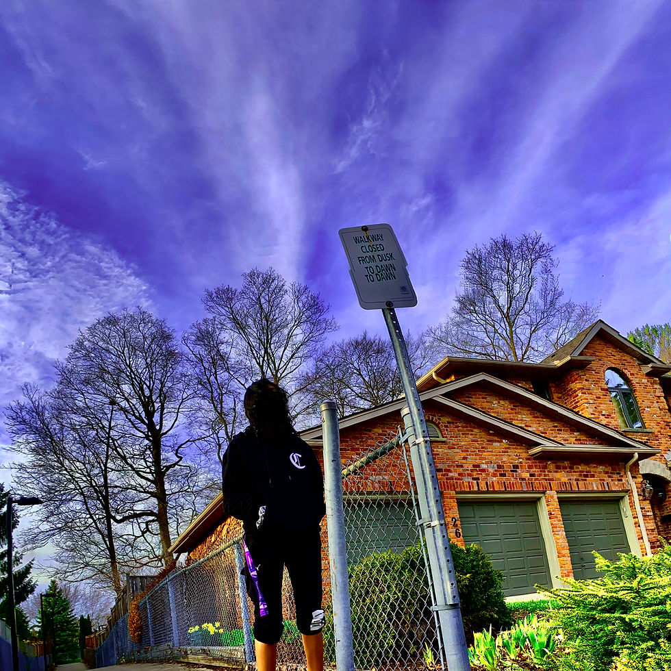 Purple sky and red brick house with a figure next to a sign