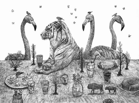 卓を囲む虎とフラミンゴ、ミニチュア動物の細密画