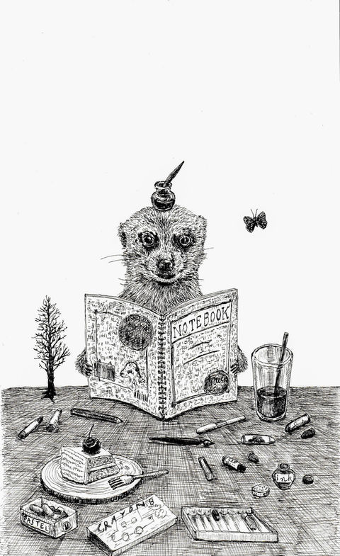 帽子をかぶり本を読むミーアキャット。テーブルにはケーキと飲み物。