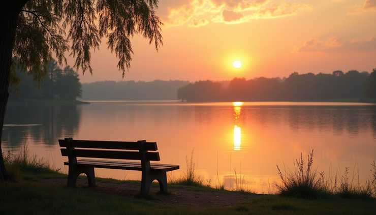 High angle view of a peaceful lakeside bench at sunset, inviting quiet reflection