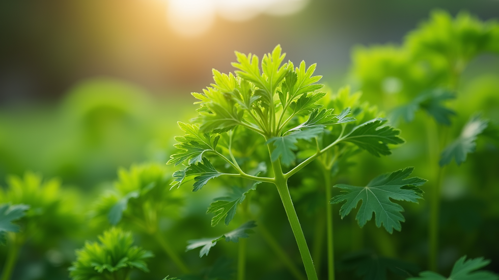 Eye-level view of a fresh green parsley plant in a garden