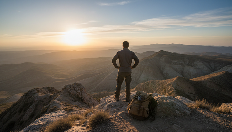 Wide-angle view of one hiker standing on a rocky overlook at sunrise.