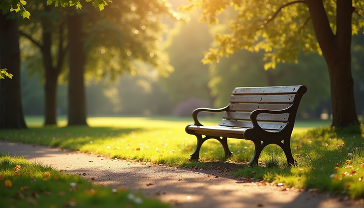 Eye-level view of a quiet park bench under soft sunlight