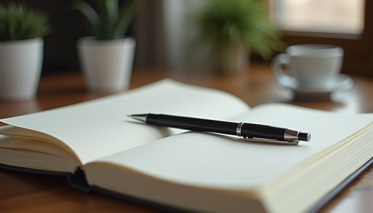 Close-up view of a journal and pen on a wooden table, symbolizing self-reflection and emotional health