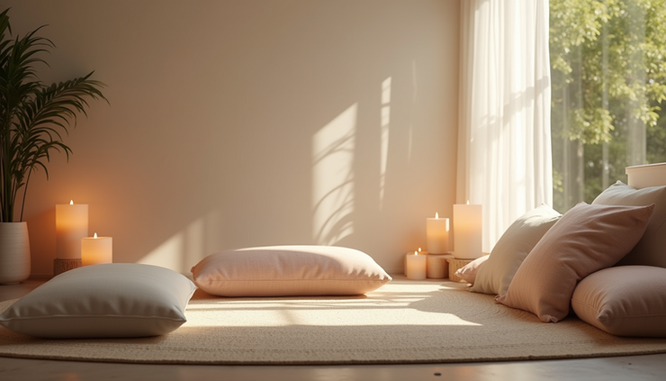 High angle view of a meditation corner with cushions, candles, and soft lighting