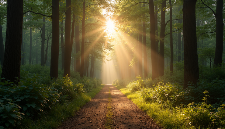 Eye-level view of a sunlit path through a quiet forest