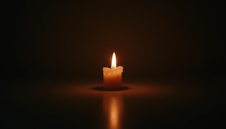 Close-up view of a single candle burning softly in a dark room