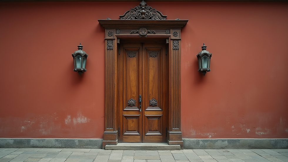 Close-up view of a closed wooden door with intricate carvings