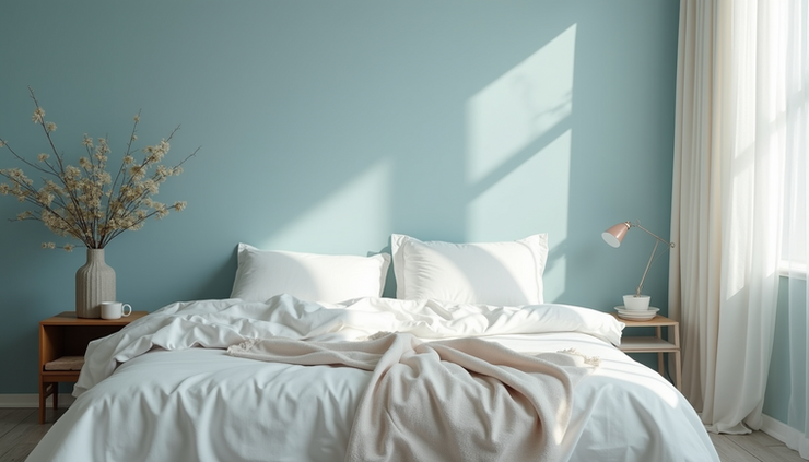 Close-up view of a bedroom corner with soft linens and calming blue walls