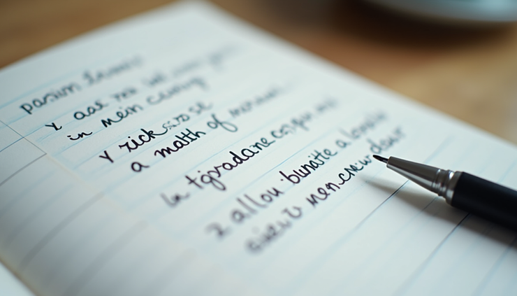 Close-up view of a notebook with a pen and a list of mental health resources