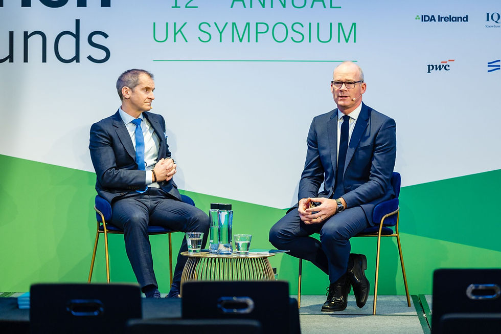 Simon Coveney and Martin Scott of Fulcrum, speaking on ESG and defence investment at Irish Funds London