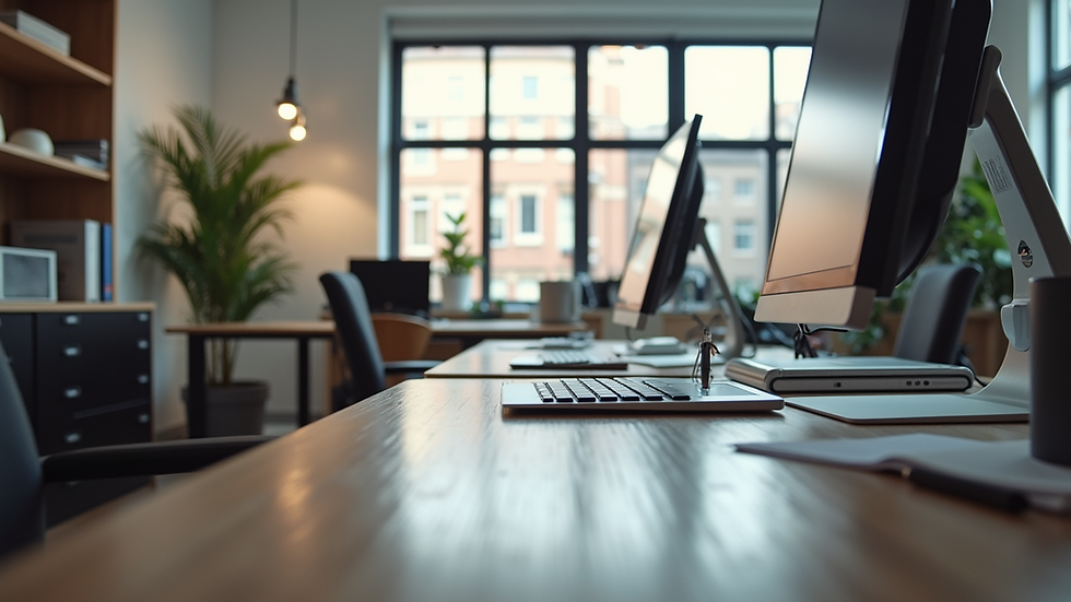 Eye-level view of a modern office workspace with creative tools