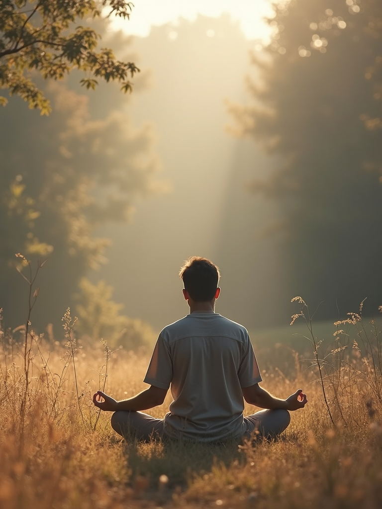 Man sits cross-legged meditating in a sunlit meadow at dawn, seen from behind, with golden haze and trees.