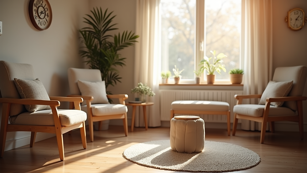 Eye-level view of a cozy therapy room with comfortable seating