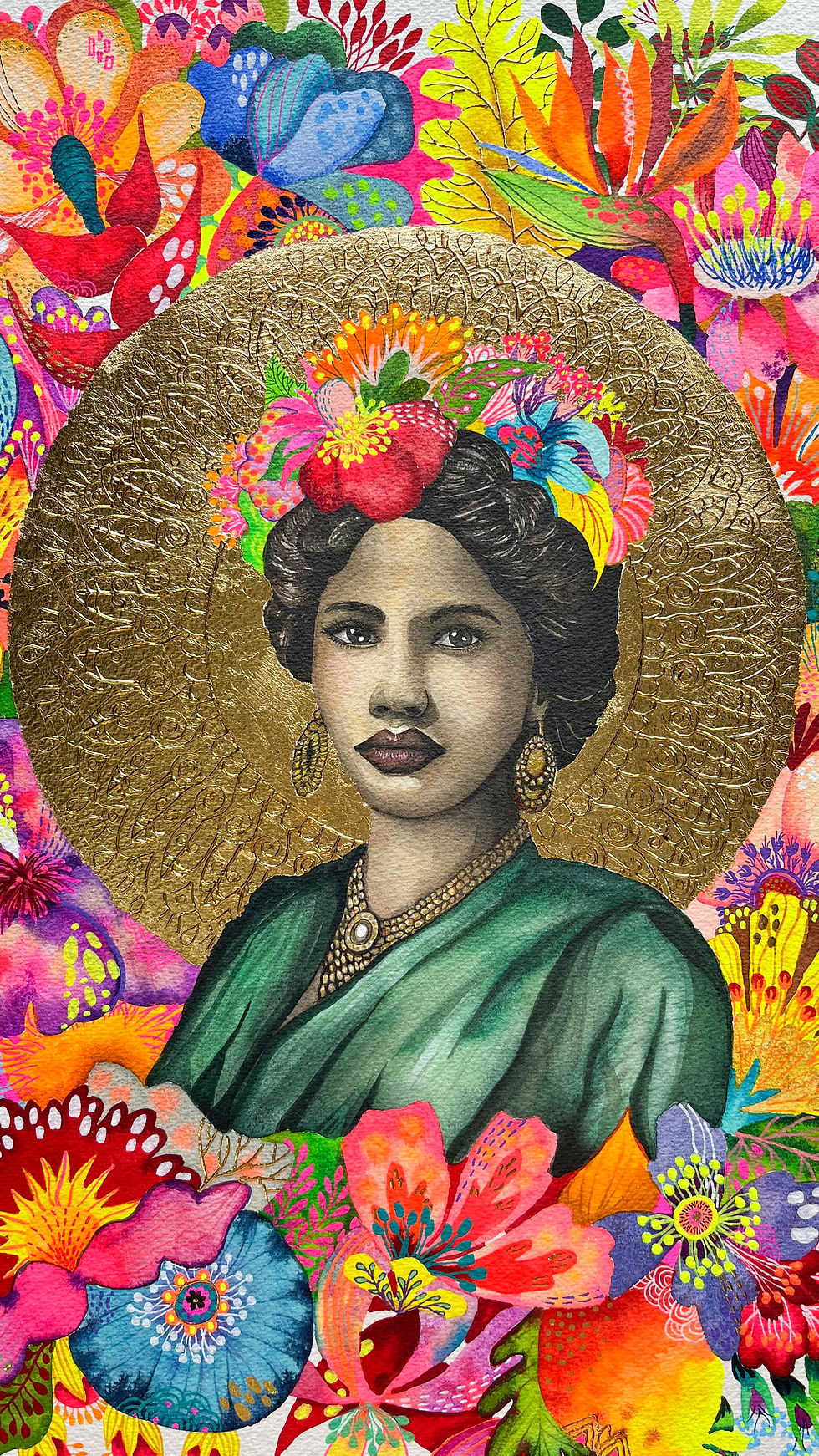 Thumbnail: Aquarelle de luxe par Caroline Venencie, artiste peintre française. Portrait d’une icône indienne au cœur d’un univers floral