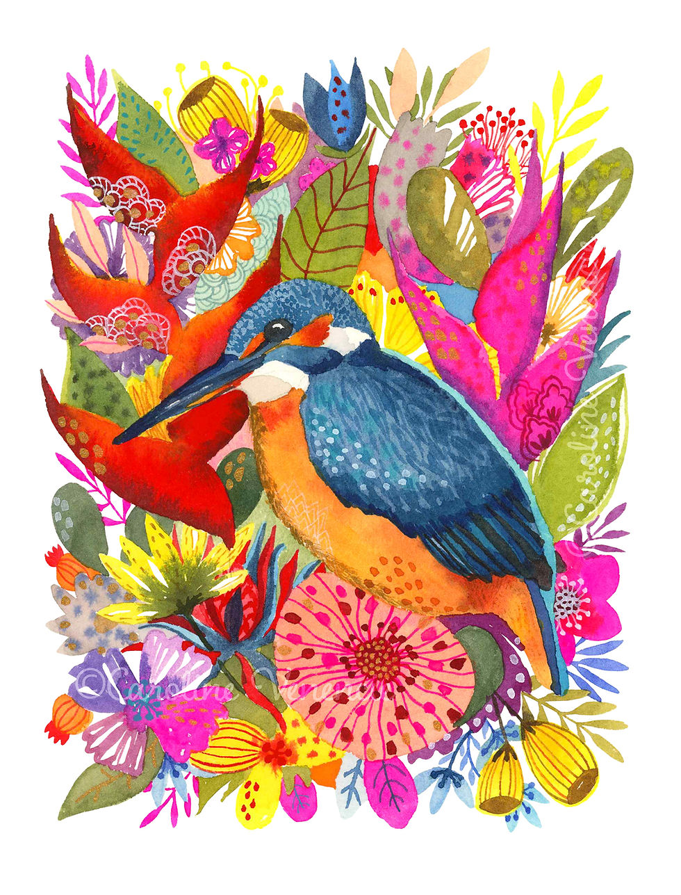 Thumbnail: Tableau d'art contemporain animalier et floral, martin-pêcheur coloré, véritable chef-d’œuvre poétique.