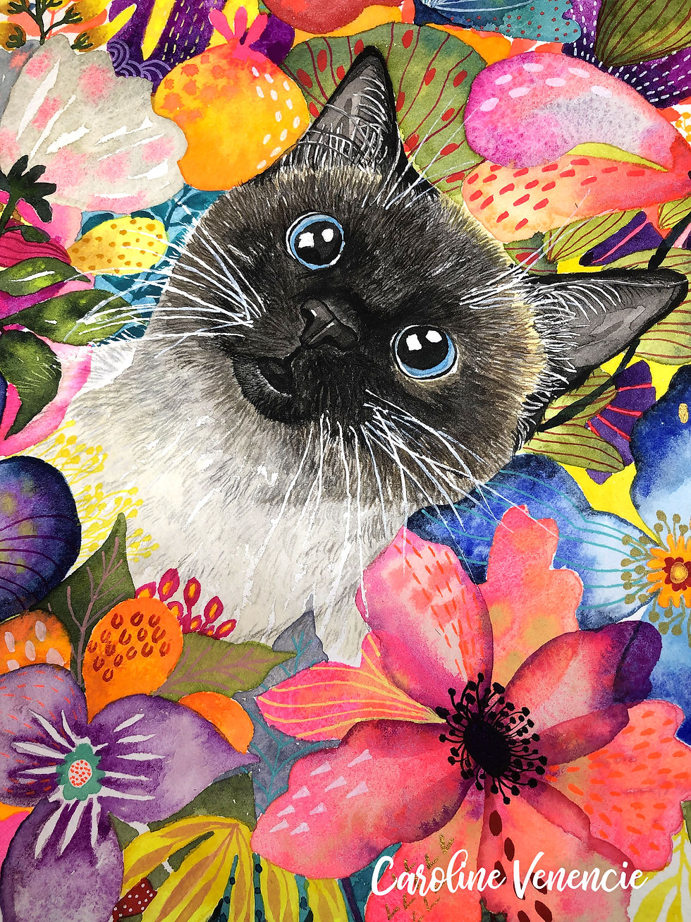 Thumbnail: Tableau coloré de Caroline Venencie : chat sacré de Birmanie et fleurs exotiques. Œuvre originale unique.