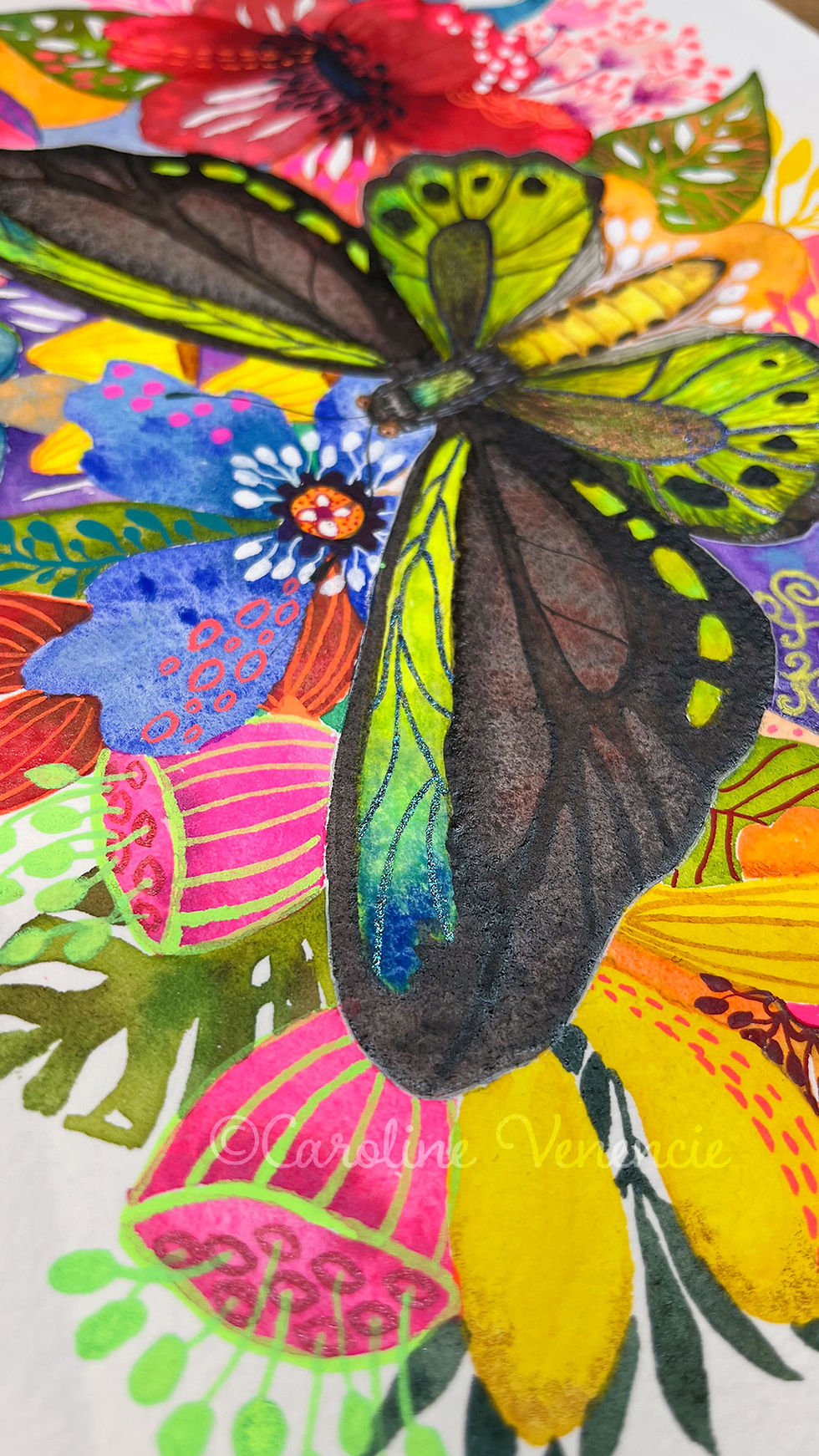 Thumbnail: Poster décoratif papillon Richmond et fleurs imaginaires, univers tropical lumineux pour intérieur.