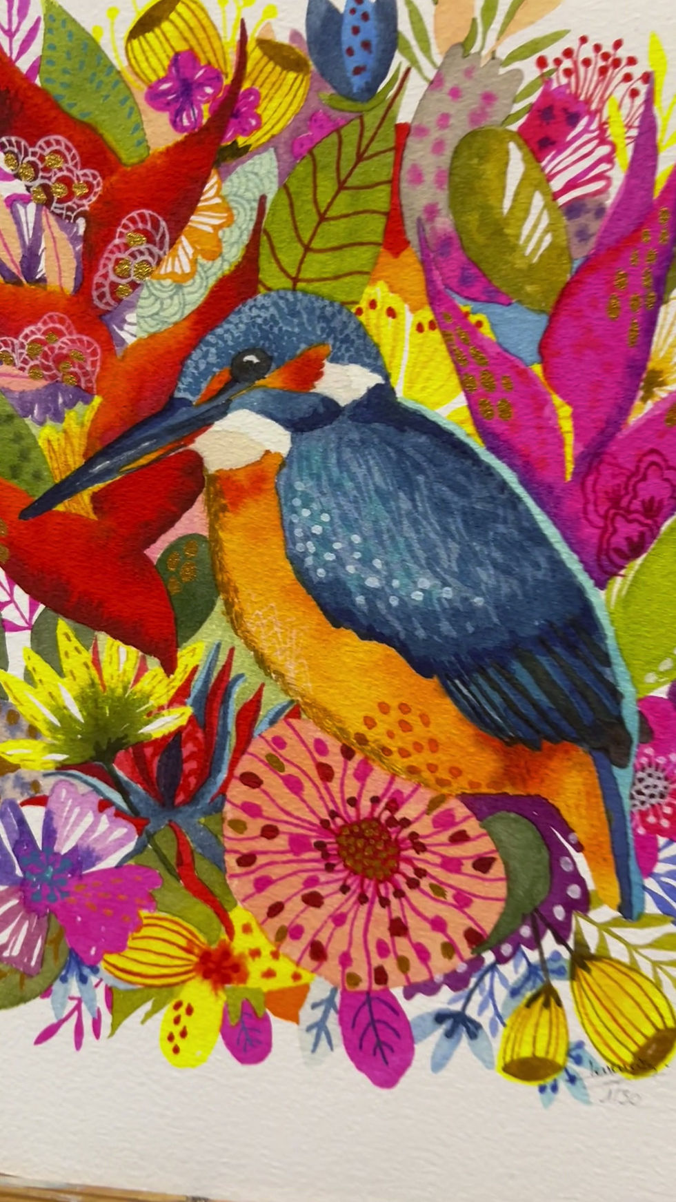Thumbnail: Reproduction d'artiste, tableau d'une aquarelle d'un oiseau martin pêcheur, art animalier engagé pour la protection