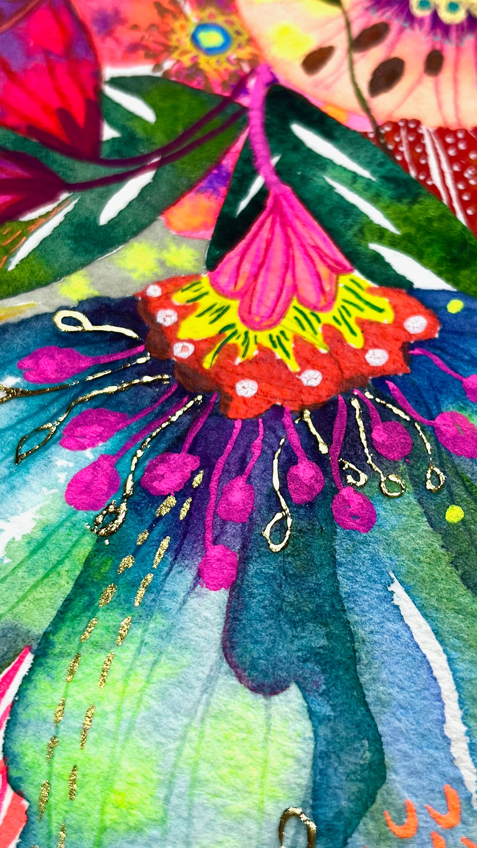 Thumbnail: Tableau figuratif contemporain d'une aquarelle bouquet de fleurs, œuvre originale recherchée par collectionneurs d’art.