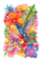 tableau de peinture, peint à l'aquarelle par l'artiste peintre aquarelliste caroline Venencie d'un oiseau colibri aux fleurs