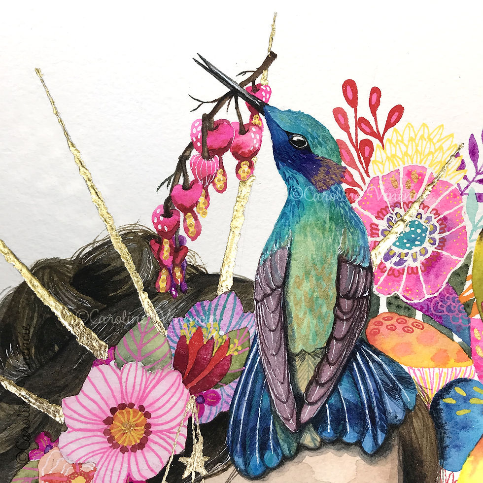 Thumbnail: Aquarelle La reine au colibri exposée dans un intérieur luxueux, œuvre originale pour collectionneurs.
