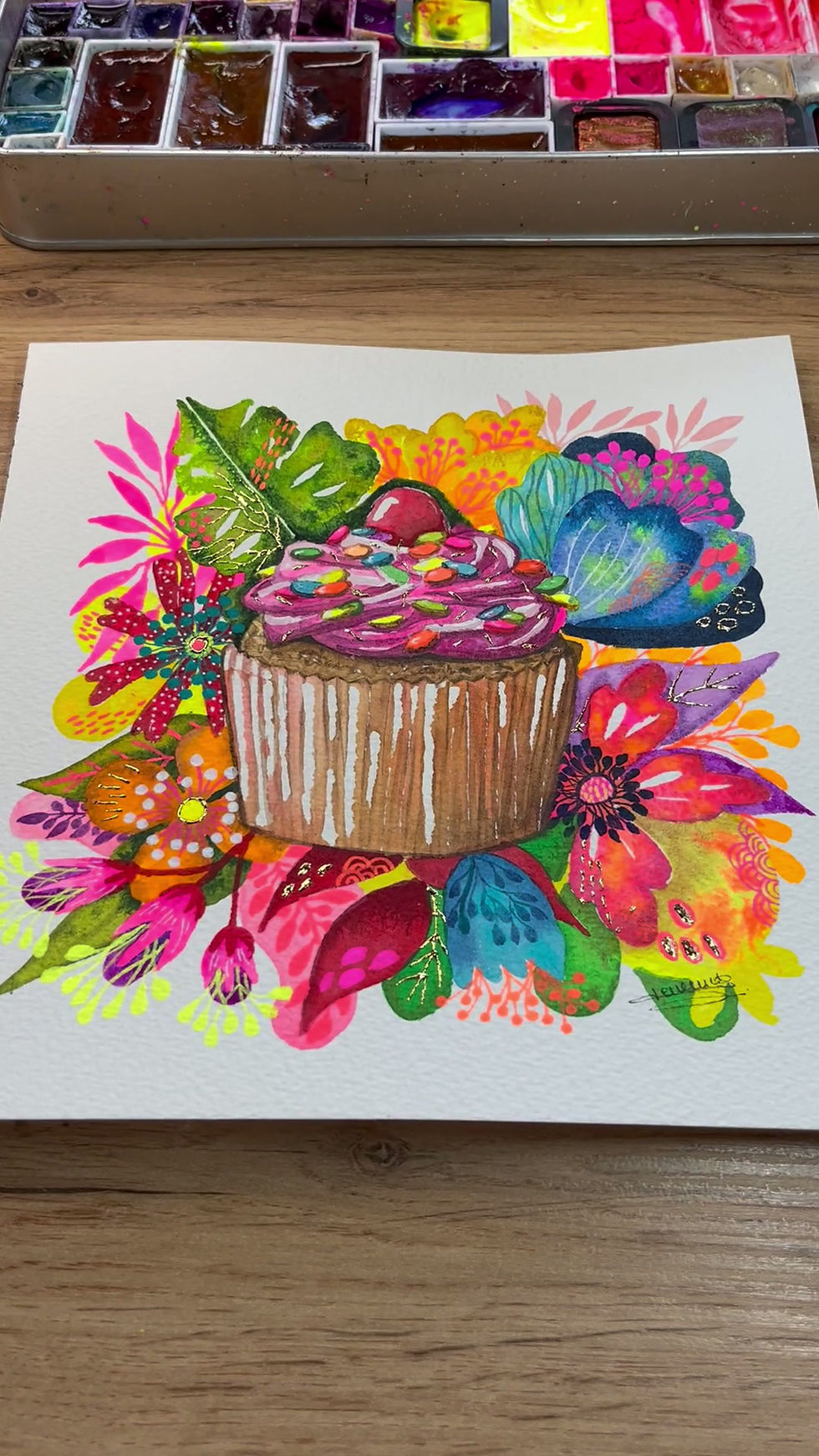Thumbnail: peinture à l'eau d'une gourmandise sucrée avec des fleurs imaginaires et colorée, style contemporain par Caroline Venencie