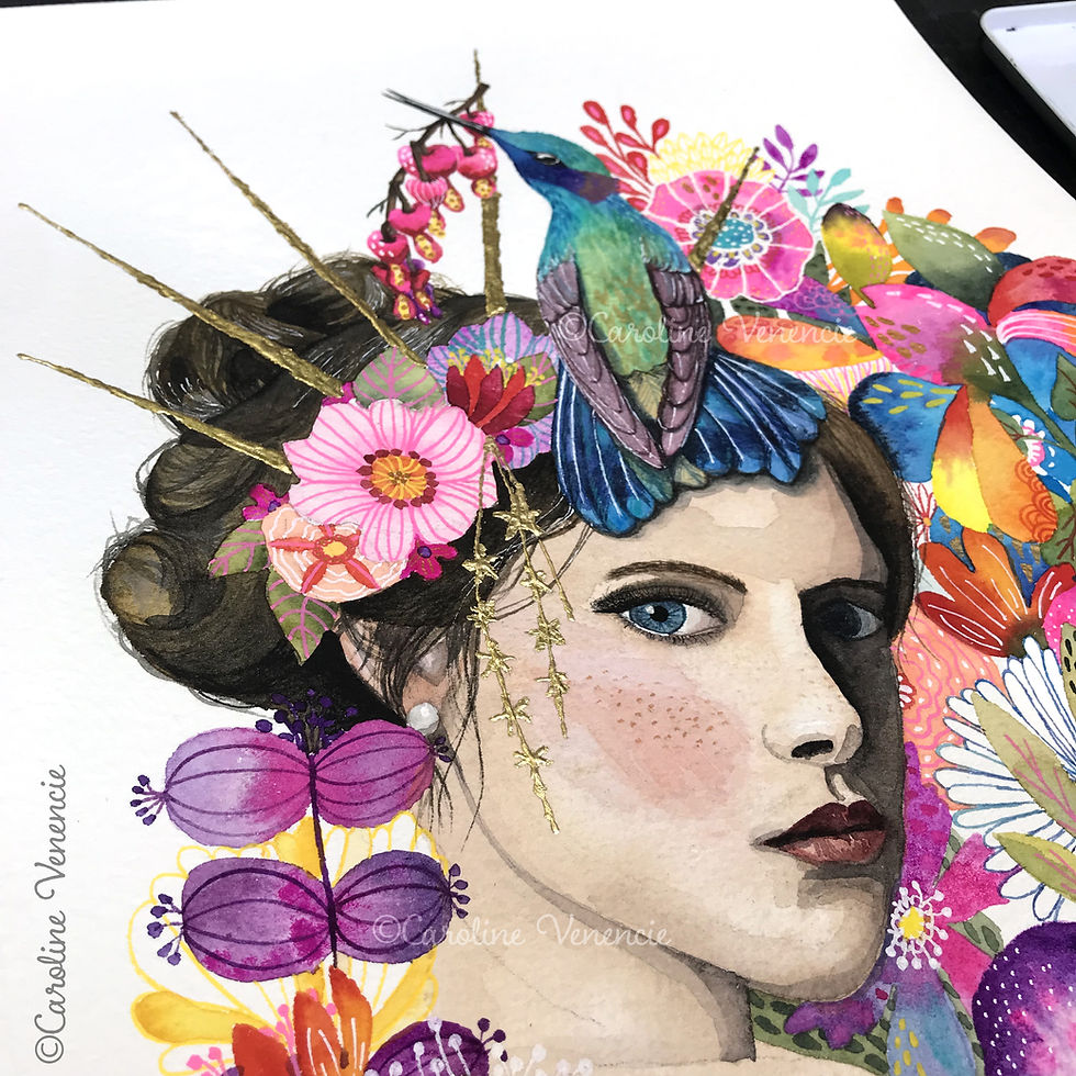 Thumbnail: Illustration poétique La reine au colibri, femme couronnée et fleurs colorées, idéale pour décoration intérieure.