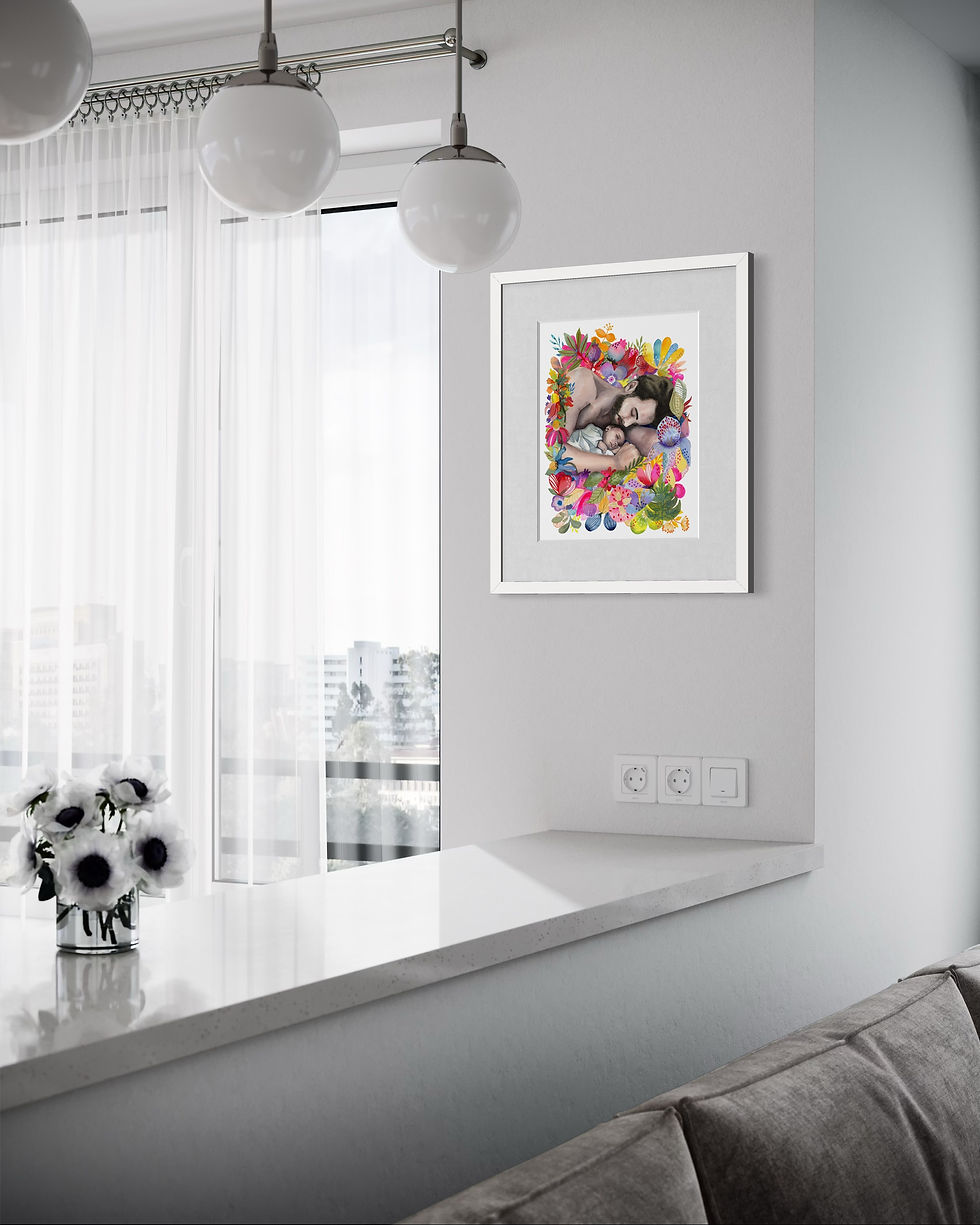 Thumbnail: Cadre aquarelle père et enfant exposé dans un intérieur raffiné. Tableau unique idéal pour leasing d’art et décoration luxe