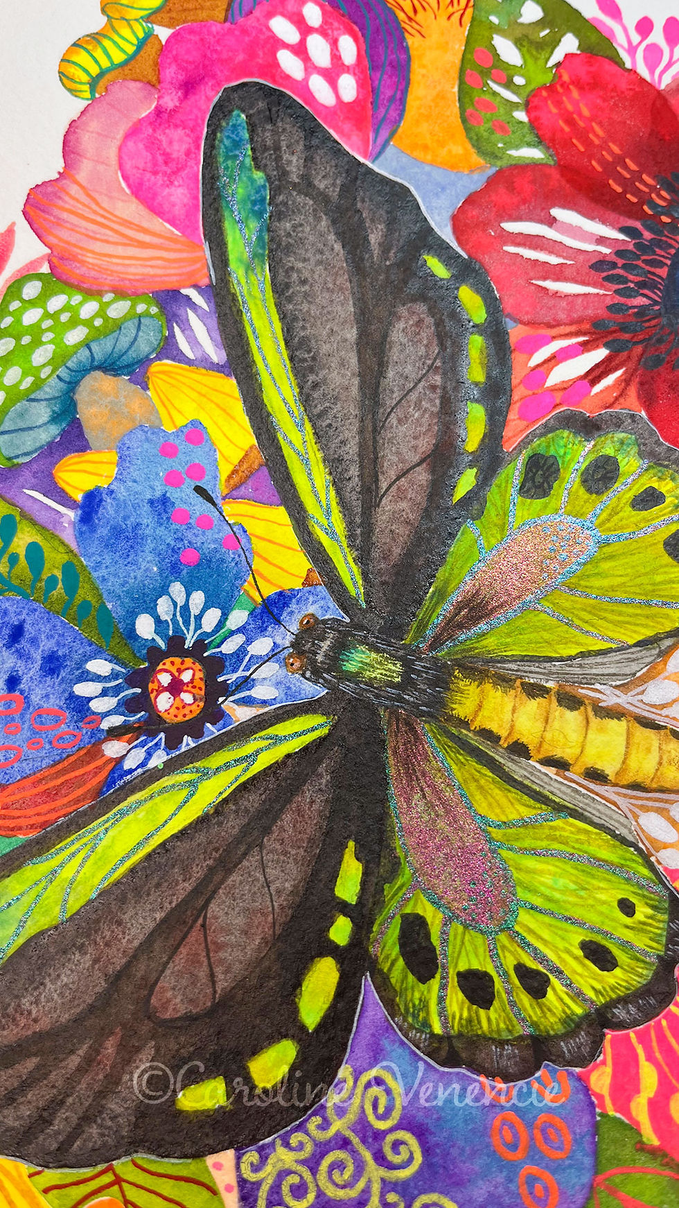 Thumbnail: Œuvre d'art originale signée artiste peintre aquarelle , papillon exotique et jardin imaginaire coloré.