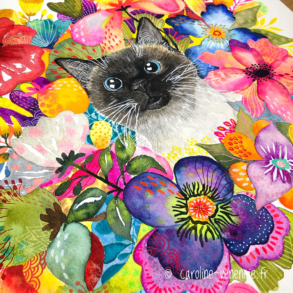 Thumbnail: Aquarelle d’un chat sacré de Birmanie parmi fleurs tropicales. Tableau décoratif et œuvre originale.