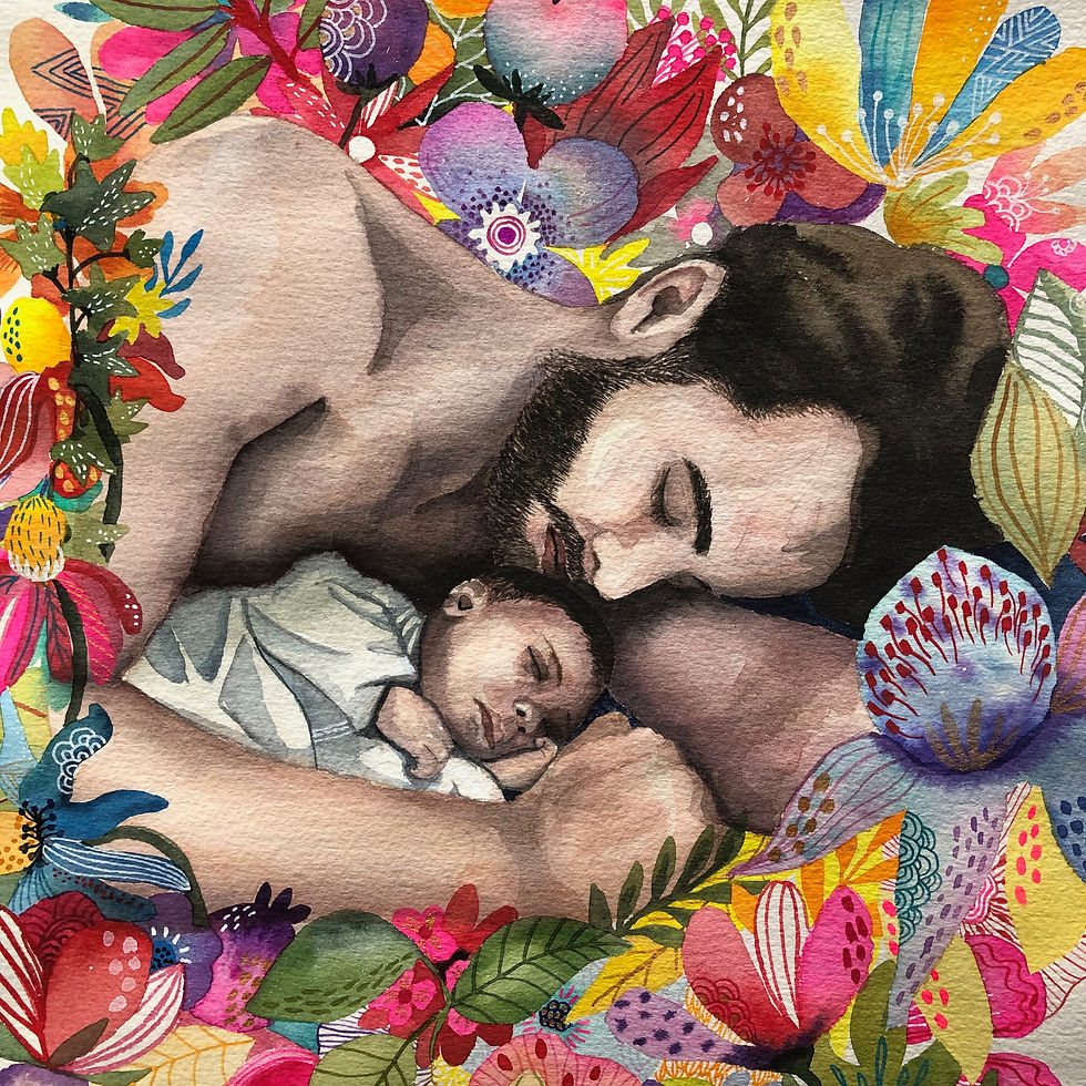 Miniature : Cadre art familial père et bébé endormis, décoration murale poétique et intemporelle.