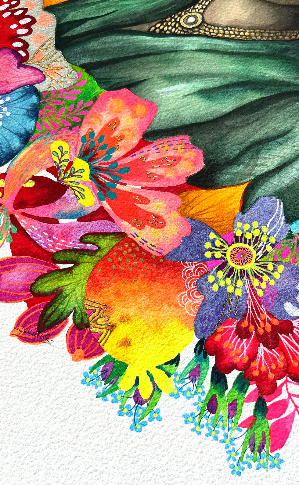 Thumbnail: Aquarelle expressive de Caroline Venencie, illustrant une femme indienne stylisée dans un jardin tropical imaginaire. Couleur