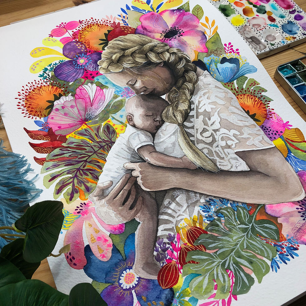 Thumbnail: Tableau mère et enfant au milieu de fleurs exotiques, idéal pour leasing d’art et investissement international.