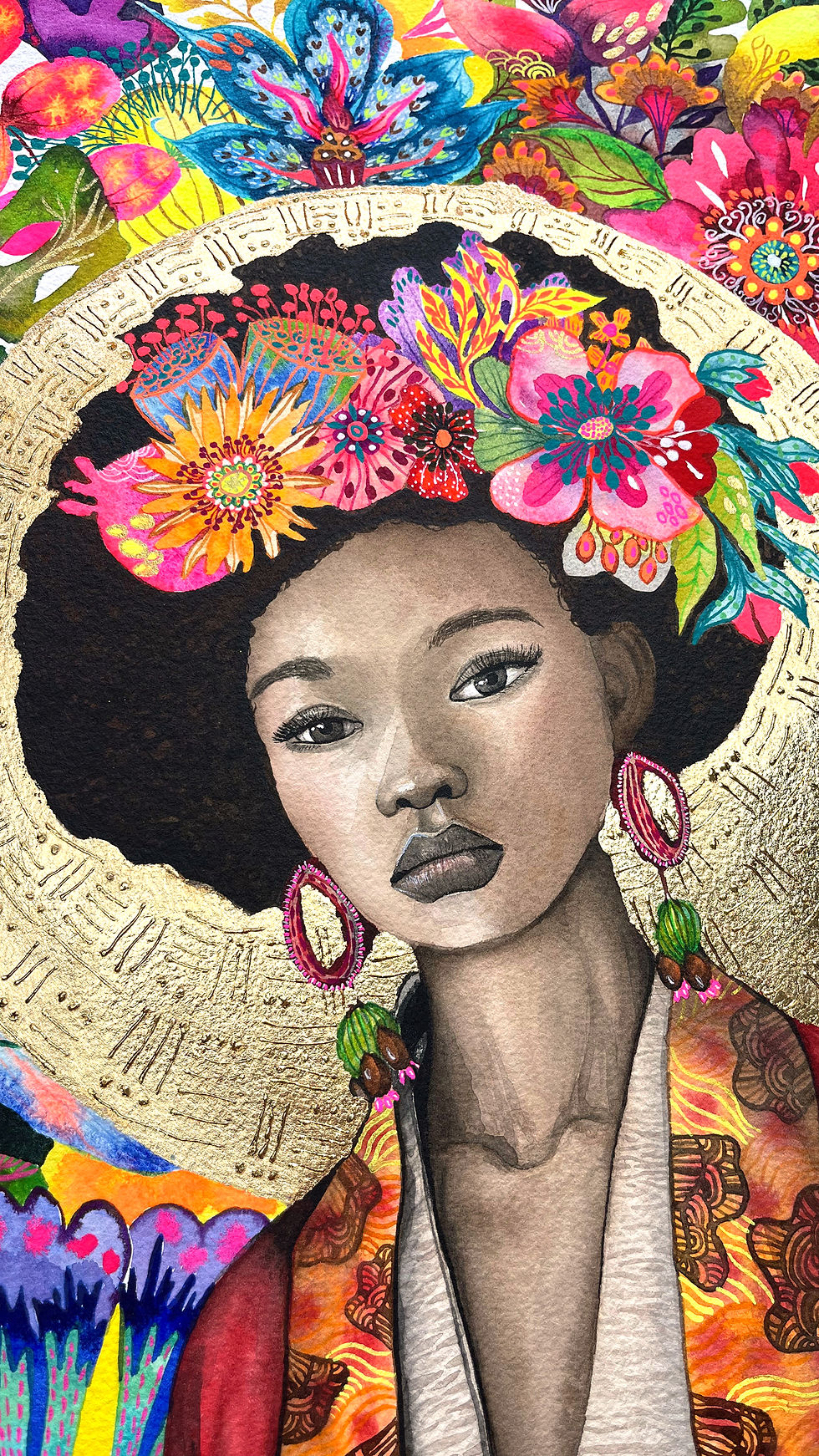 Thumbnail: Cadre aquarelle icône féminine des îles et fleurs exotiques, touche décorative solaire et raffinée.