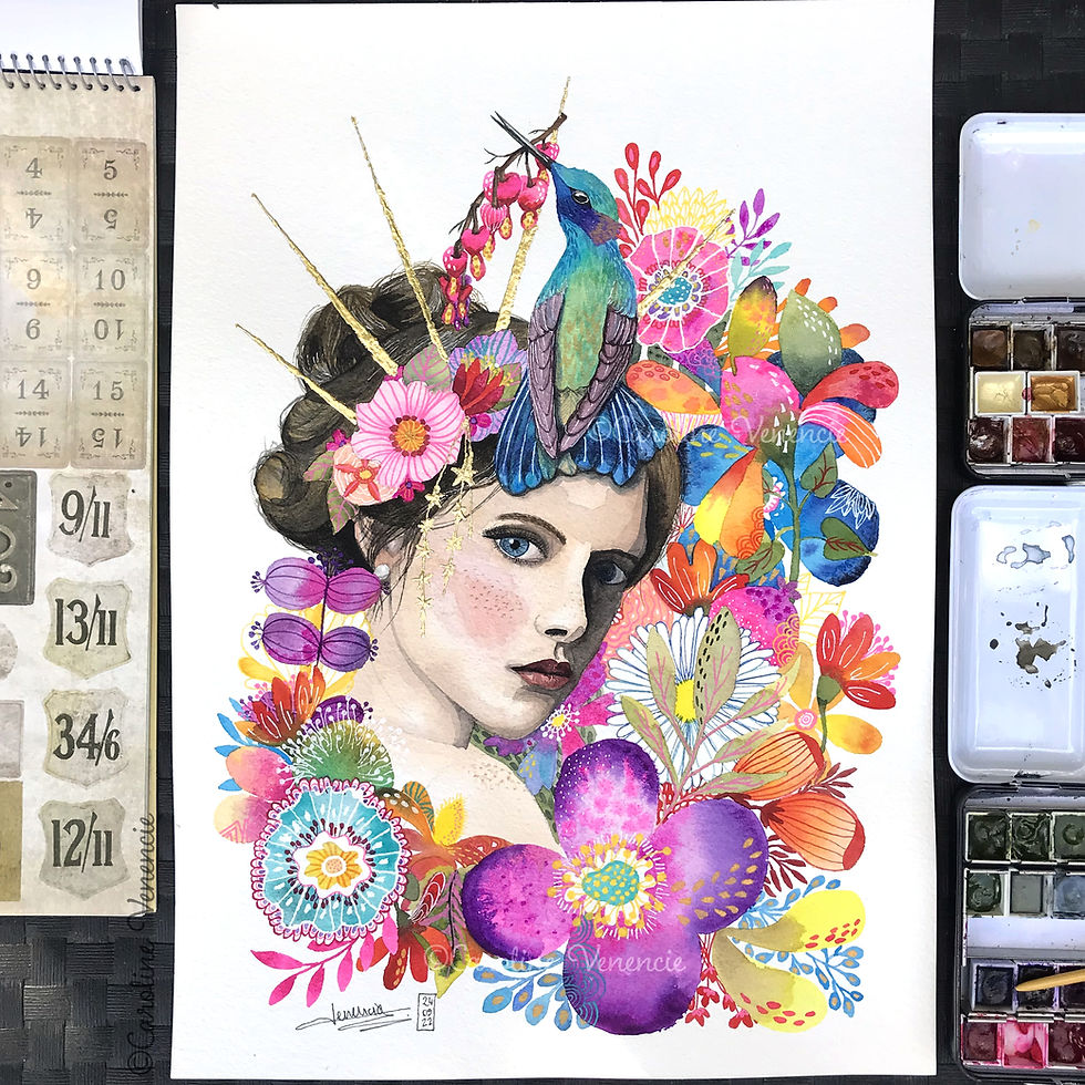 Thumbnail: Œuvre originale de Caroline Venencie : femme reine au colibri dans un univers coloré. Tableau décoratif raffiné.