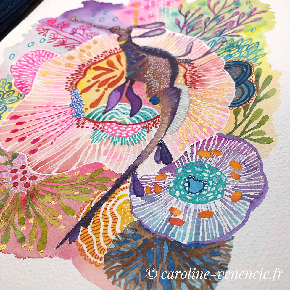 Thumbnail: Œuvre signée artiste peintre, dragon de mer et univers corallien coloré, impression d’art à forte valeur.