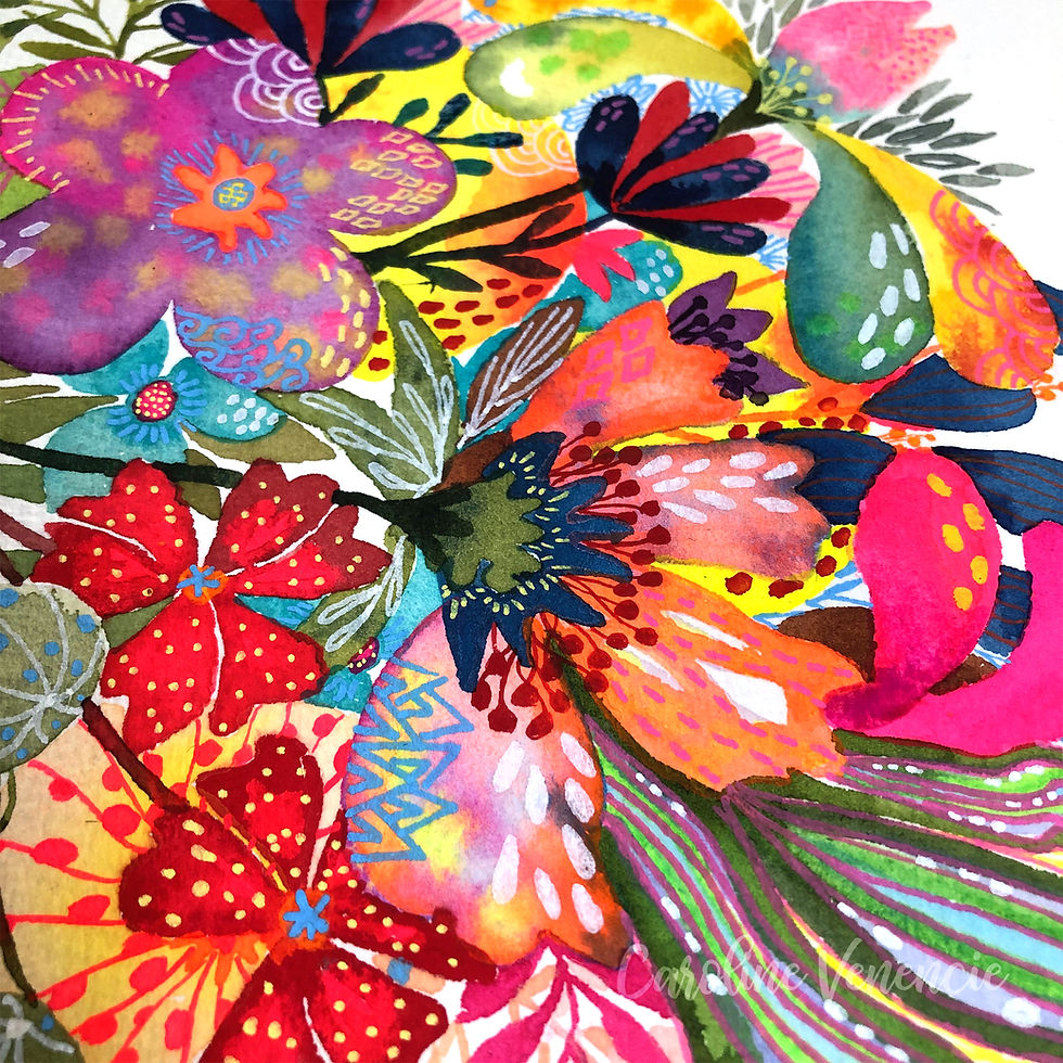 Thumbnail: Œuvre originale peinte par artiste peintre, bouquet estival imaginaire et coloré, aquarelle unique.
