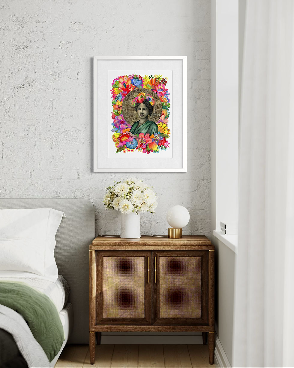 Femme indienne en icône au milieu de fleurs tropicales. Aquarelle originale pour hôtels et décorations haut de gamme.