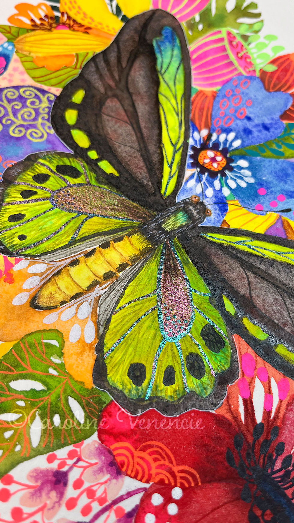 Thumbnail: Tableau figuratif contemporain, papillon Richmond et fleurs exotiques, univers poétique.