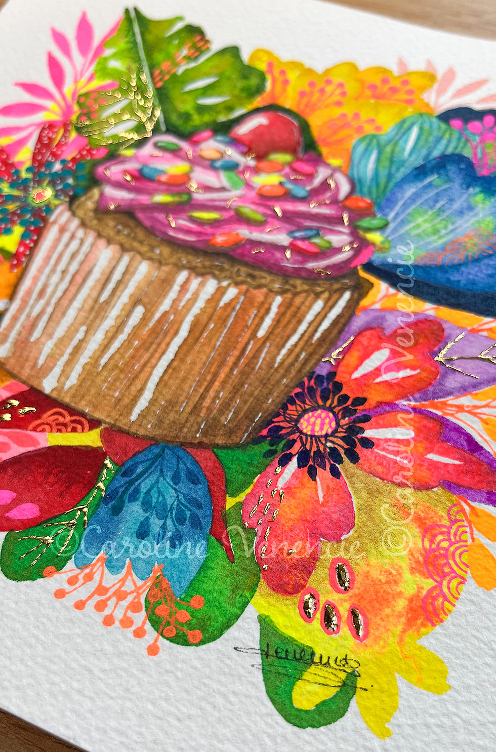 Thumbnail: Peinture aquarelle d'un gâteau gourmand rose peint par l'artiste Caroline Venencie, à Aix-les-bains, avec des couleurs pop