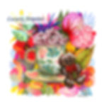 Illustration gourmande et florale, pain d’épice et chocolat chaud entourés de fleurs luxuriantes colorées.