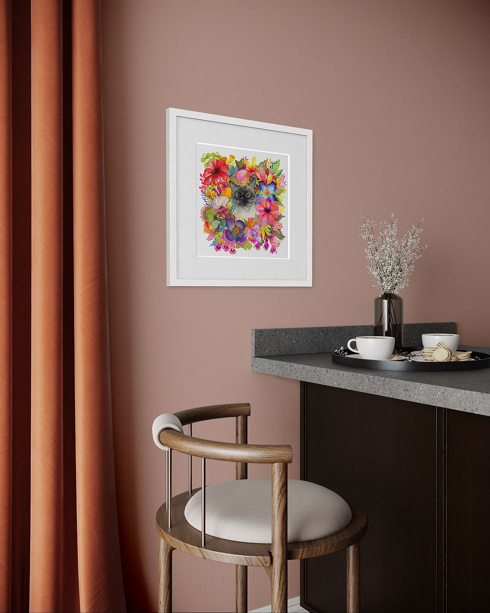 Thumbnail: Cadre aquarelle avec chat sacré de Birmanie dans un salon élégant. Impression d’art et tableau coloré pour décoration luxe