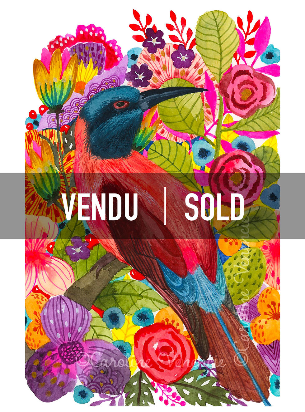 tableau art à l'aquarelle vendu, oiseau peint à la main par artiste peintre francais caroline Venencie